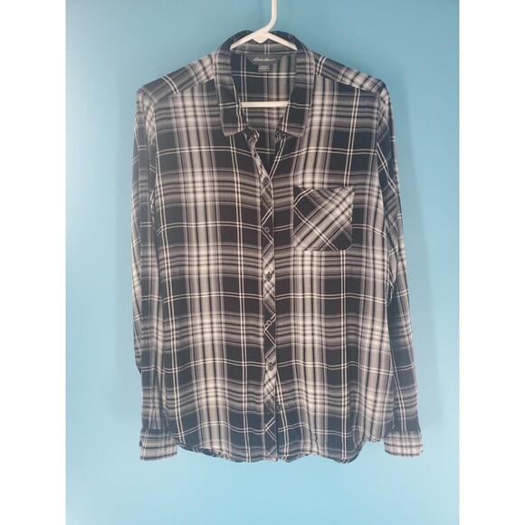 Eddie Bauer Lg Tunic Plaid Button Back Hem Long Sleeved Lightweight Viscose - Picture 3 of 12